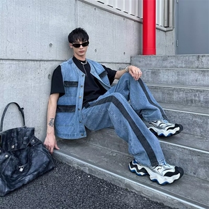 潮牌马甲牛仔套装撞色设计感造型师穿搭拼接牛仔裤男款 K8007图片
