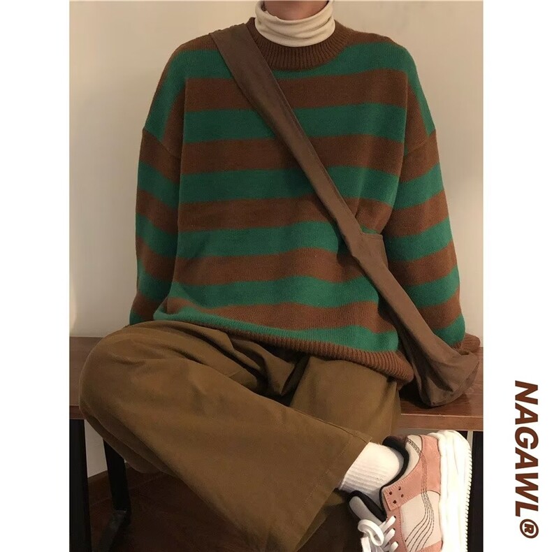 598-P40秋季新款美式潮牌撞色复古条纹毛衣保暖日系慵懒风宽松,男装针织衫/毛衣,电商B323A