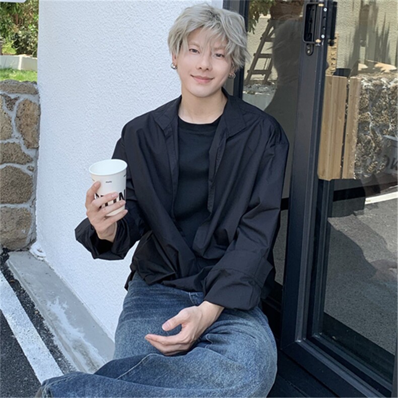假两件衬衫简约风纯色冰丝长袖男士夏季小众设计感翻领衬衣XC63,男装衬衫,星座601-1