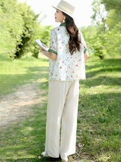 2025夏装新款苎麻碎花上衣复古宽松短袖印花衬衫女设计感碎花衬衣，女装套装/套裙，凝聚力