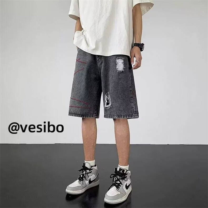 网图高街夏季破洞牛仔短裤男做旧阔腿五分裤宽松裤子D6607-P38,男装牛仔裤,星座1001-1