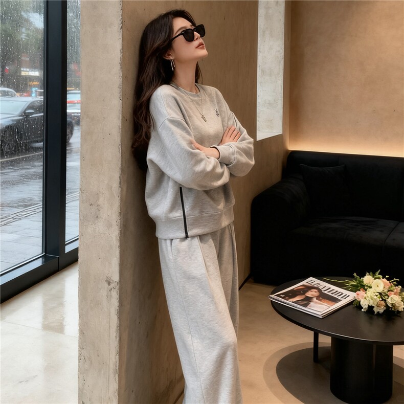 休闲运动套装女秋季新款宽松洋气减龄纯色圆领卫衣直筒长裤两件套,女装套装/套裙,江南