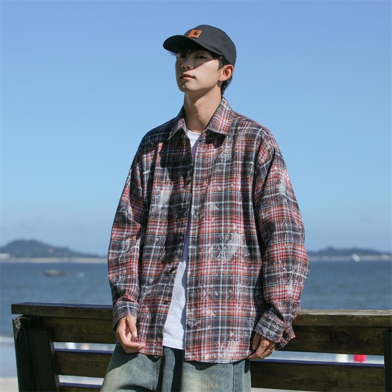 25年春季格子衬衫长袖大码宽松落肩现货DS-C323-1-2385-特批35，男装衬衫，电商C323-1