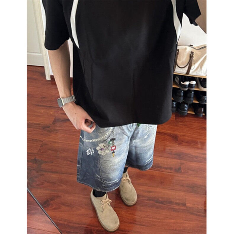 复古链子卡通印花牛仔七分裤女夏季街头宽松蓝色五分裤ND251,男装牛仔裤,星座1116A（原606A-3）
