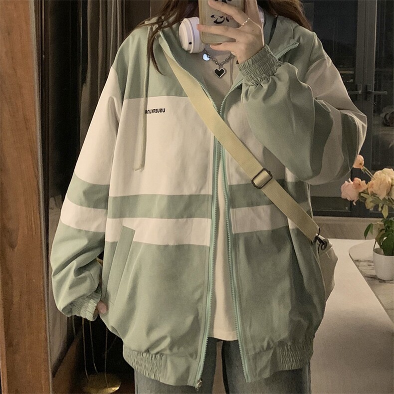 薄荷绿冲锋衣外套女温柔学院风上衣秋季撞色棒球服夹克衫C369-85,男装夹克,星座911-2(原星座613-2）
