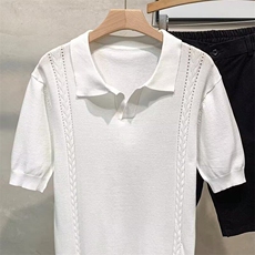 夏季清新纯色小V领针织polo衫男简约薄款透气短袖微阔上衣潮，男装T恤，星座1013