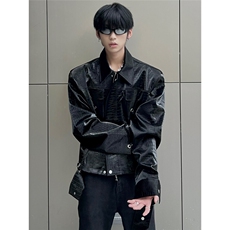 高街潮流鳄鱼纹垫肩皮衣夹克男春秋宽松百搭PU皮短款情侣外套，男装皮衣，星座601-1