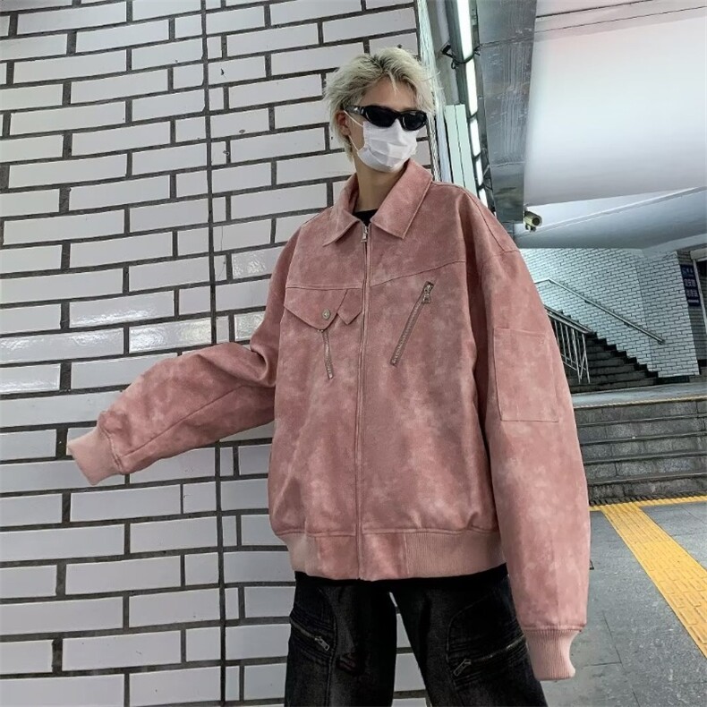 美式复古粉色外套男潮高级感vintage做旧纹理底特律工装夹克上衣,男装夹克,星座601-2