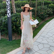 法式气质莫奈花园连衣裙套装女2025夏季新款开衫绣花吊带裙两件套，女装套装/套裙，2D045