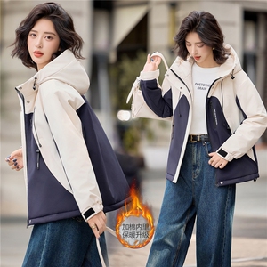 时尚拼色加棉加厚派克服外套女2025秋冬新款宽松保暖百搭连帽外套图片