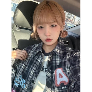 格子衬衫女春秋季美式设计感小众叠穿衬衣外套长袖上衣 C46图片