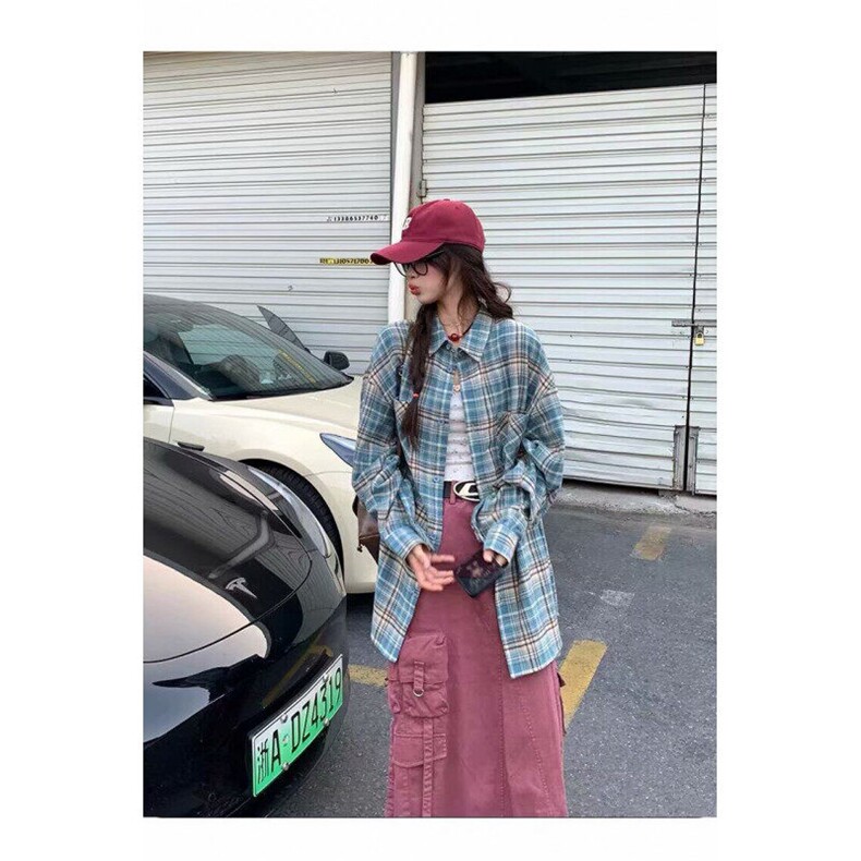 美式复古蓝色格子衬衫女宽松慵懒风春秋小众潮牌休闲百搭外套潮,男装衬衫,星座410-7