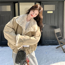 韩系羊羔毛外套女秋冬皮毛一体毛领保暖加厚立领派克服毛绒外套，女装棉衣/棉服，维壹