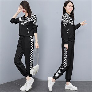 运动套装女2022新款洋气网红炸街休闲时尚棋盘格加绒卫衣两件套图片