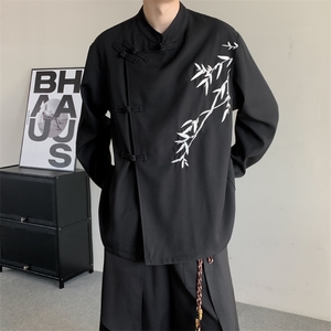 24新中式复古风立领衬衫男女唐装盘扣竹子刺绣宽松长袖汉服衬衫图片