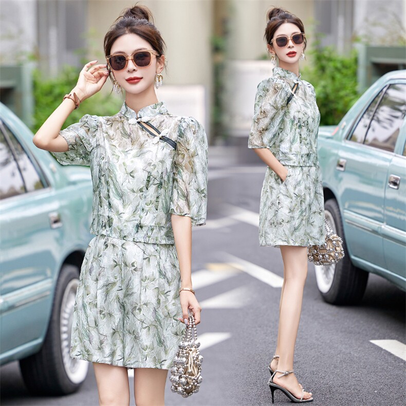 2024夏装新款新中式优雅时尚清爽短裤套装两件套,女装套装/套裙,妙形