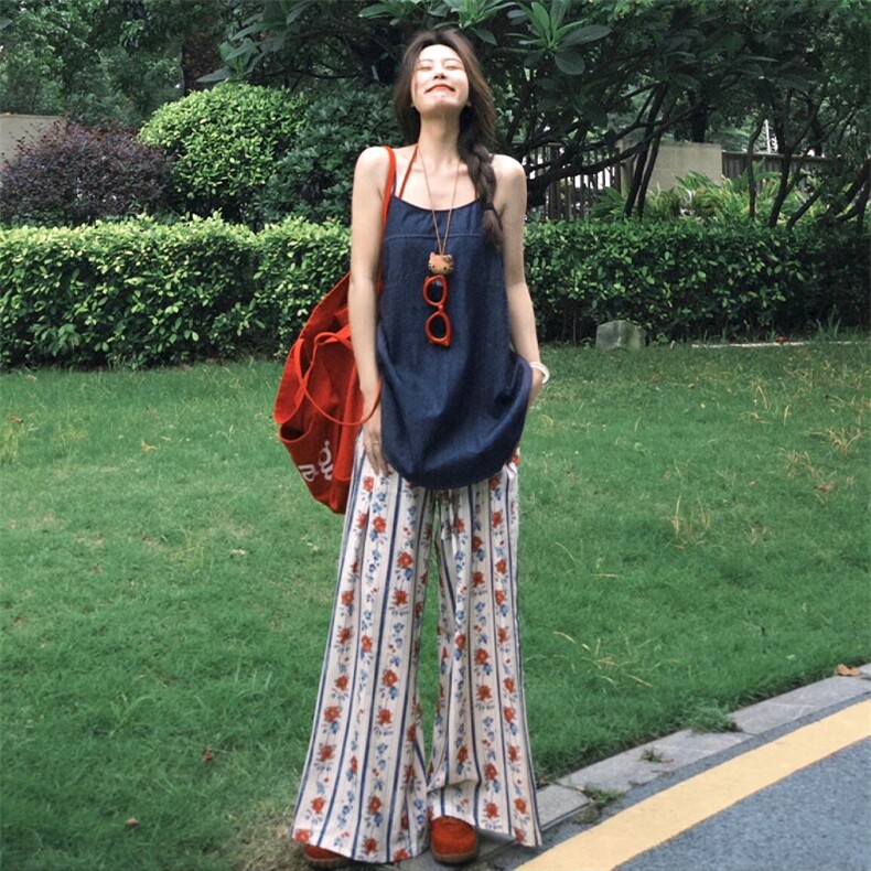 复古玫瑰碎花阔腿裤女夏2025新款慵懒设计感高腰垂感冰丝亚麻裤图片