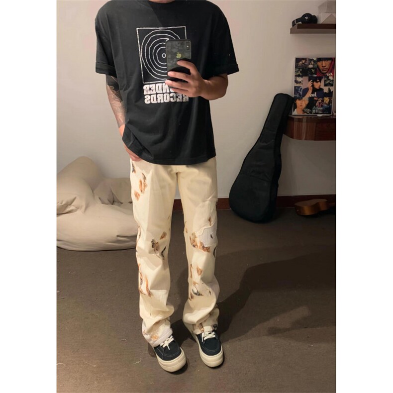 【有货】火焰蕾丝微喇白色牛仔裤男美式高街vibe裤子B07WW-特P50,男装牛仔裤,星座1007（原301D）
