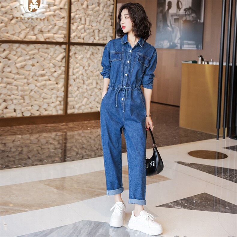 配披肩牛仔连体女2022年春季新款韩版时尚工装宽松收腰休闲连衣裤,女装连体裤,辉之琳