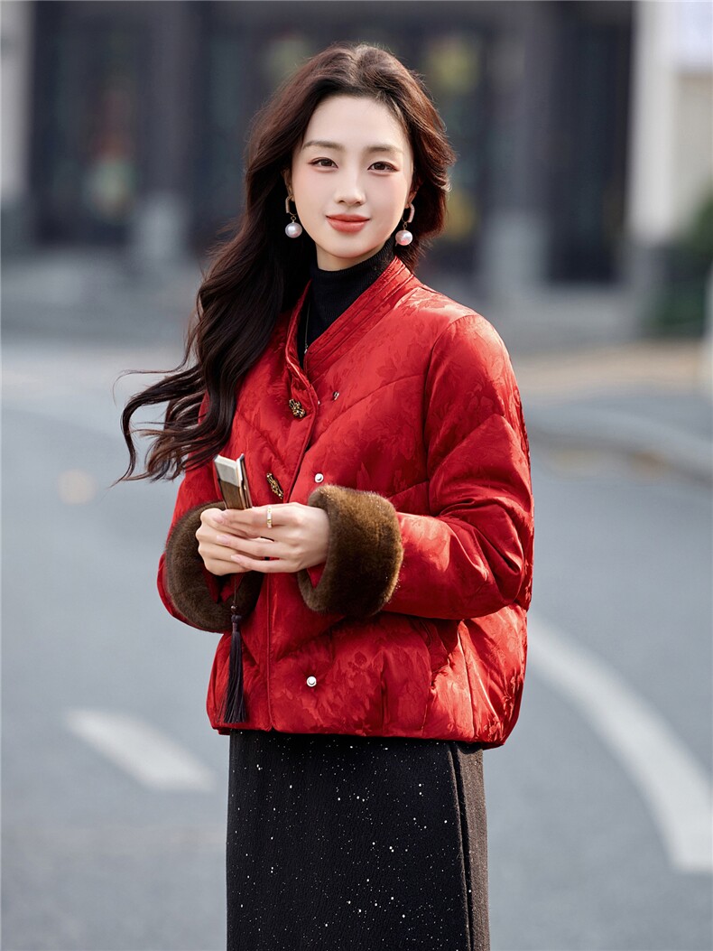 新中式guo风2025年冬季新年主推款可拆卸袖毛暗纹提花气质棉衣,女装棉衣/棉服,乐吉娜