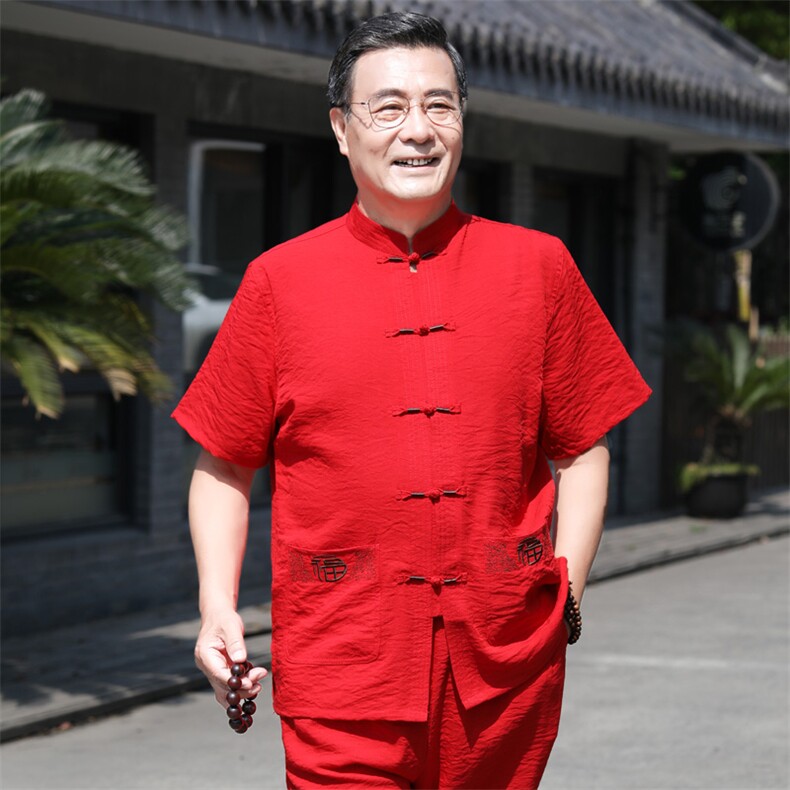 686/P50主推!爷爷短袖唐装上衣老人夏季盘扣刺绣福字衬衫男装,男装衬衫,星座1216（原钱塘722）