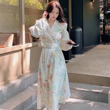 新品有淑女伞裙花朵印花长袖连衣裙-款号8821-P135K188，女装连衣裙，浙宝305