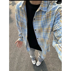 新款高质量蓝色格子衬衫男秋季美式复古春秋日系大码宽松CFR416，男装衬衫，星座1116A（原606A-3）