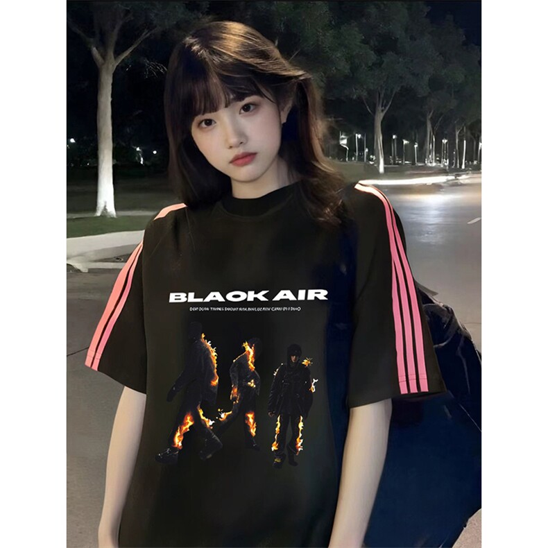 抖音得物品质二开240克宽松纯棉美式潮牌印花三条杠中性风短袖T恤,男装T恤,电商A486-1