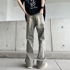 美式复古高街vibe做旧泼墨牛仔裤男女潮ins直筒微喇裤子10777-p52，男装牛仔裤，星座1008