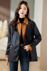 复古咖色拼接假两件西装皮衣外套女秋2023新款气质宽松显瘦机车服，女装皮衣，江南女神