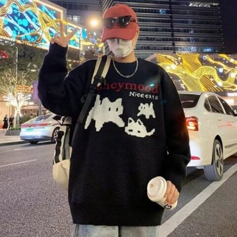 慵懒毛衣男女秋冬新款中性风圆领打底针织衫美式潮牌复古线衣外套,男装T恤,星座506A