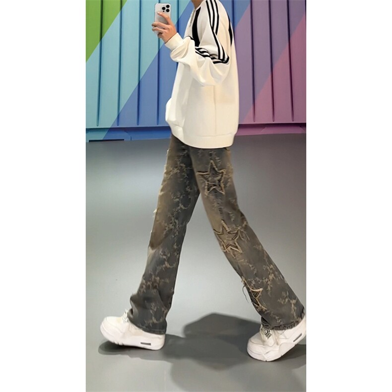 B221美式ins高街小众五角星提花直筒牛仔裤LK24378-特P58控98,男装牛仔裤,电商B221