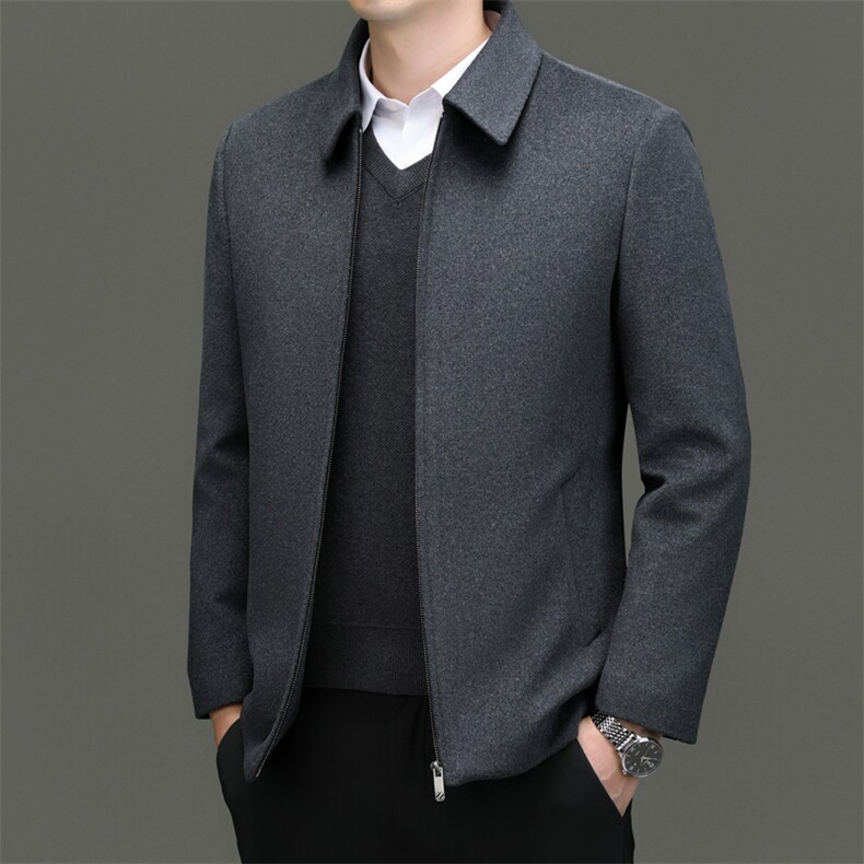 秋冬厚款中年男士羊毛大衣翻领高端休闲鹅绒内胆毛呢风衣外套男装，男装风衣，电商B212（原钱塘6029）