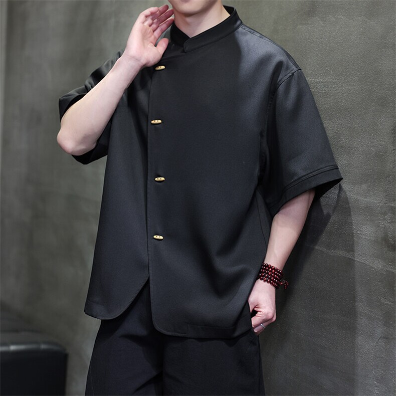 风男士大码立领高级感纯色衬衫短袖上衣T2522-P60-控89,男装T恤,电商A021