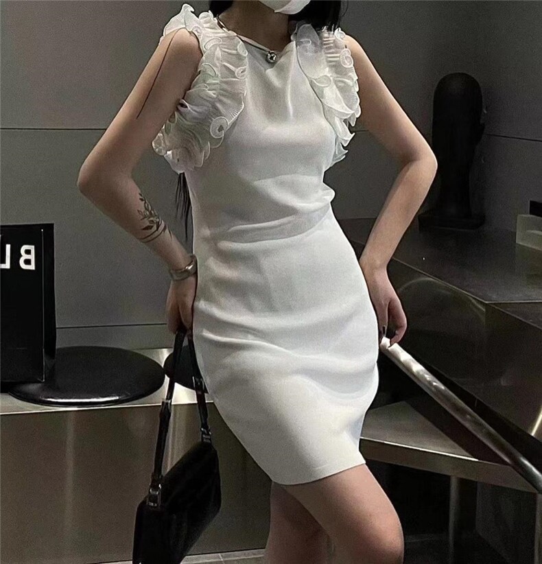 无袖冰丝连衣裙袖口木耳边设计，女装连衣裙，ZIA