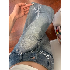 口袋花卉字母刺绣牛仔裤痞帅炸街裤子美式高街弯刀裤NZ0126-P50，男装牛仔裤，星座308B-2