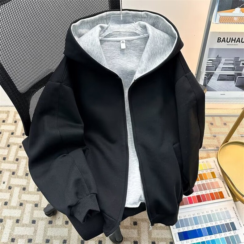 美式复古重磅连帽双拉链卫衣外套男款秋冬款廓形分割设计帽衫，女装短外套，星座601-1