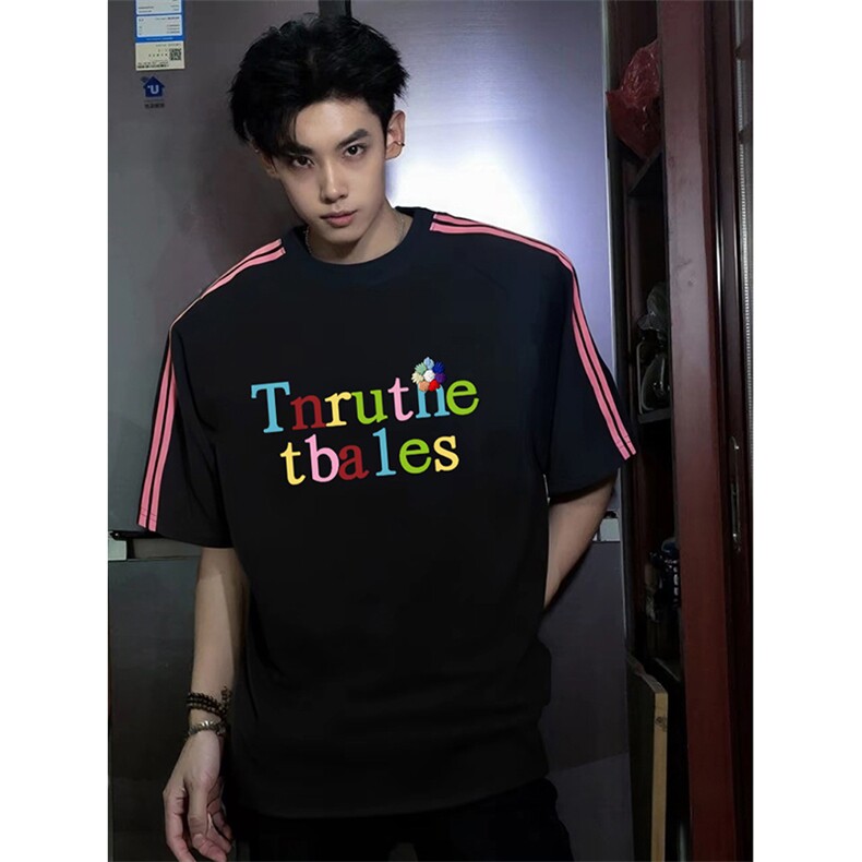 抖音得物品质二开240克宽松纯棉美式潮牌印花三条杠中性风短袖T恤，男装T恤，电商A486-1