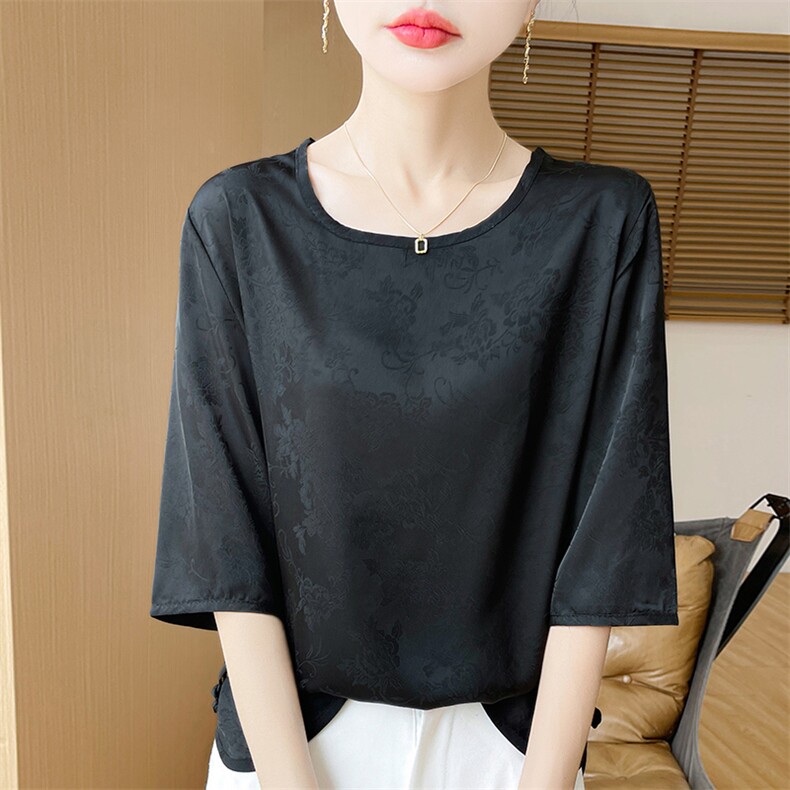 新中式国风真丝垂感提花衬衣女夏季2024新款醋酸缎面宽松短袖衬衫，女装T恤，朝贺羊绒