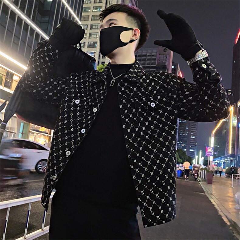 JK87/P115控155春季潮牌老花满印字母牛仔翻领夹克外套男黑首1,男装夹克,星座305B