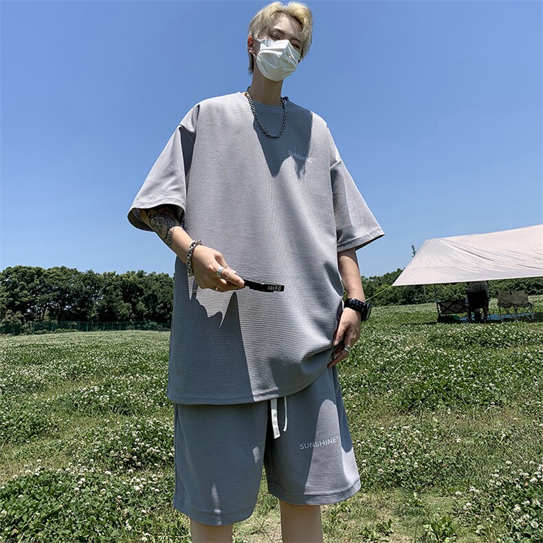 KT2大码男女休闲华夫格宽松T恤短裤套装抖音品质情侣字母印花外套,男装休闲套装,星座115A-3
