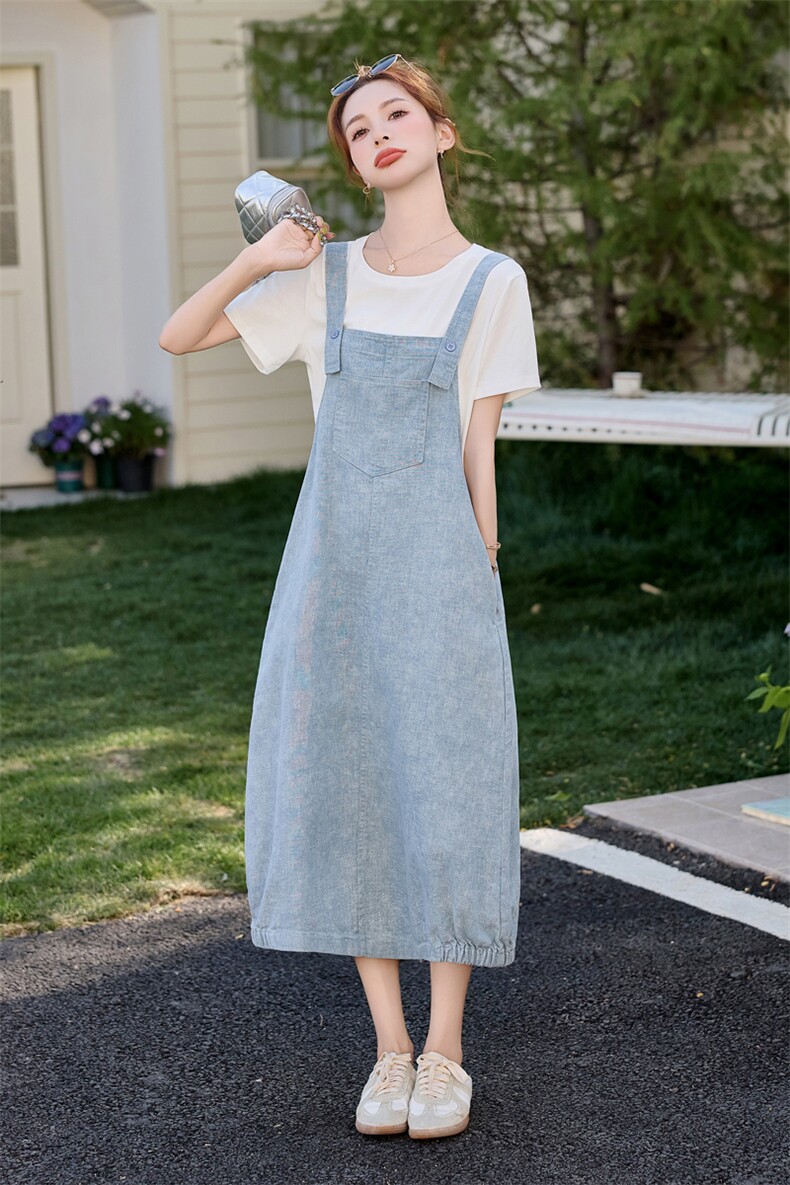 淡蓝色牛仔背带连衣裙两件套女夏季巨好看学院风减龄韩系套装chic,女装套装/套裙,慧尚依恋