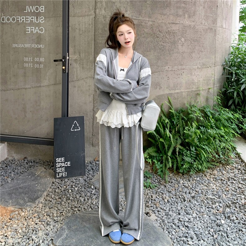 灰色蕾丝拼接连帽卫衣阔腿裤套装两件套女2025秋季新款韩系穿搭，女装套装/套裙，浙宝208