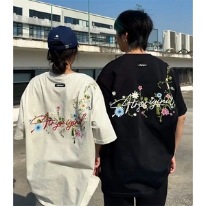 万针全刺绣工艺抖音得物高品质260克重磅纯棉双纱美式高街短袖T恤图片