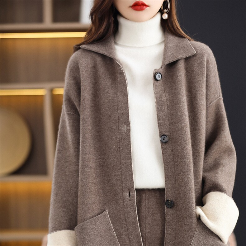 秋冬季羊绒纯色中长款简约修身双面大衣，女装羊绒大衣，五色羊羊绒
