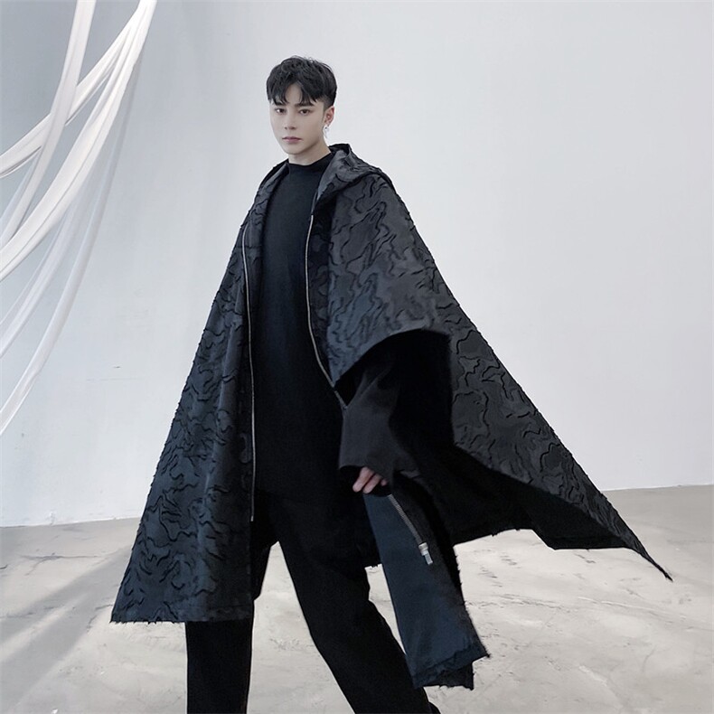 山本暗黑风高定立体图案连帽斗篷中长款风衣潮A452--687图片