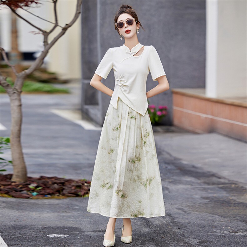 现货新款夏装2024年新中式g风盘扣旗袍改良两件套套装,女装套装/套裙,采品优优