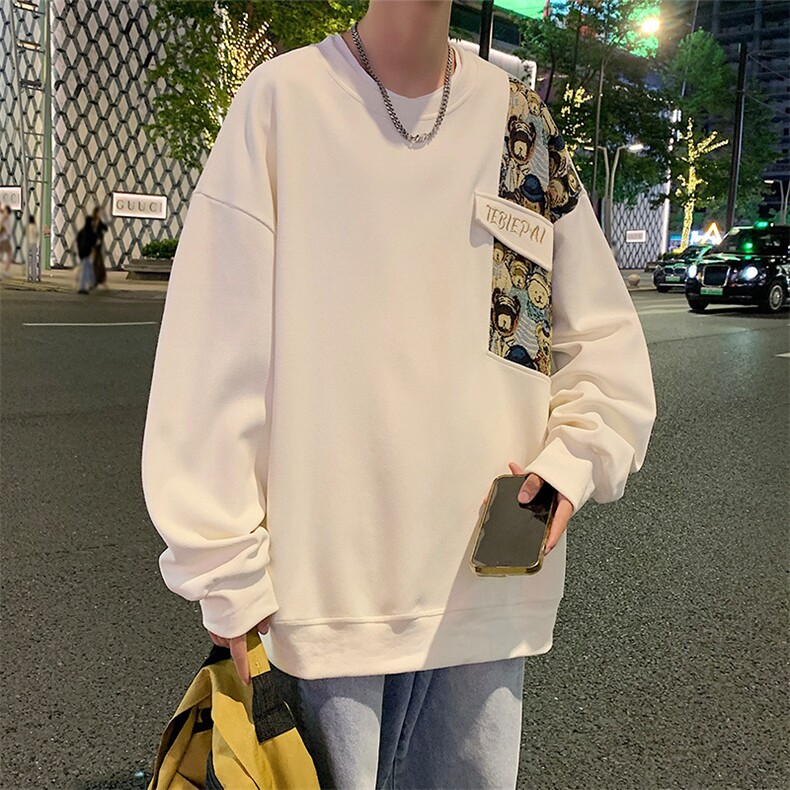 WY001P45加绒55美式小熊刺绣卡通圆领卫衣oversize宽松套头衣服,男装卫衣,星座304A-1