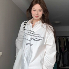 美式高街字母印花长袖衬衫男秋季高级感痞帅白色衬衣小众情侣外套，男装衬衫，星座506A