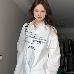 美式高街字母印花长袖衬衫男秋季高级感痞帅白色衬衣小众情侣外套图片